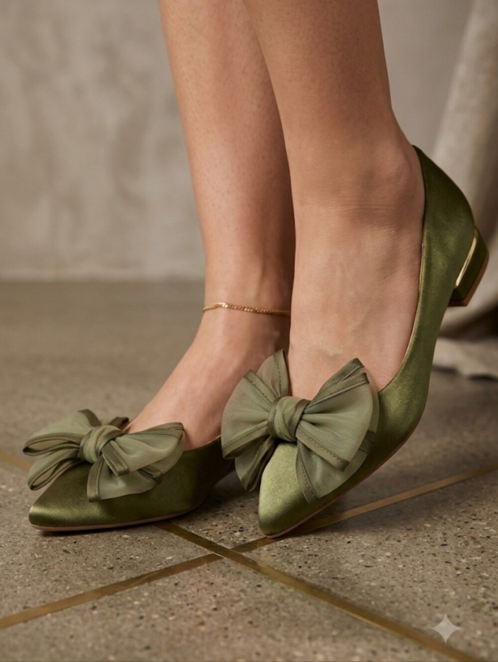 NWOT SHEIN Olive Green Satin Pointed Toe Bow Flats Low Heel Size US 11